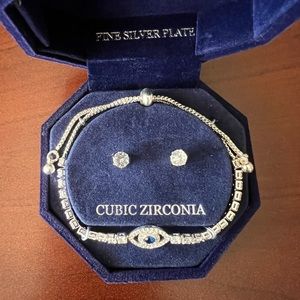 Fine Silver Plate Cubic Zirconia Bracelet with Blue Stone And Earring set